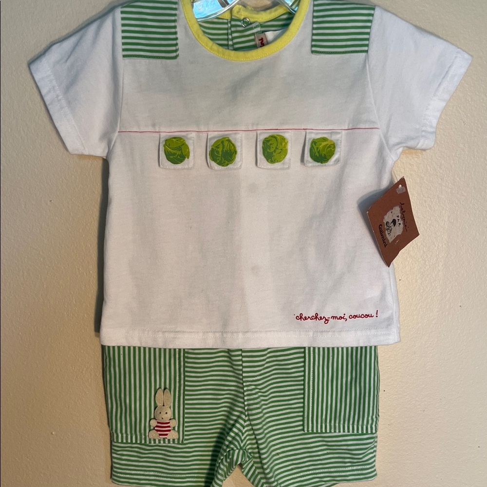 Catimini White Tee with Green Stripes and Yellow Trim